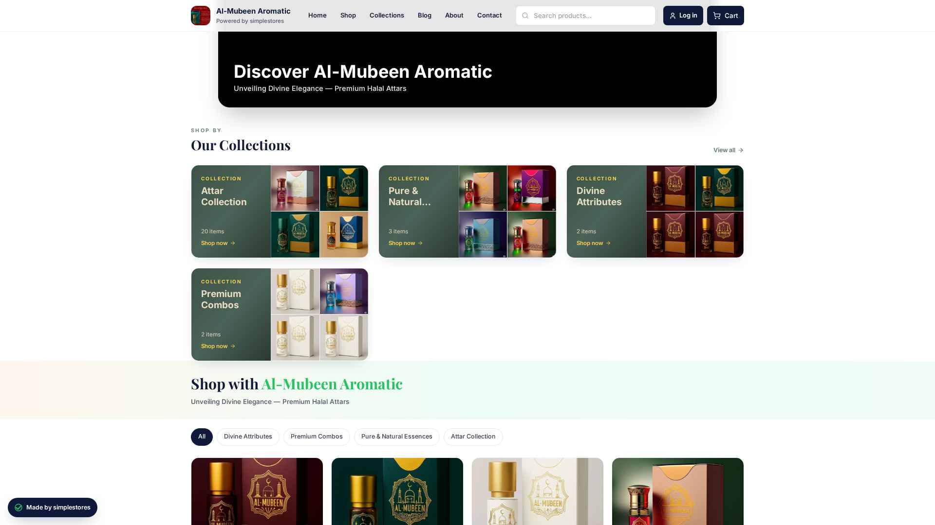 Storefront collections grid showing Attar Collection, Pure & Natural Essences, Divine Attributes, Premium Combos
